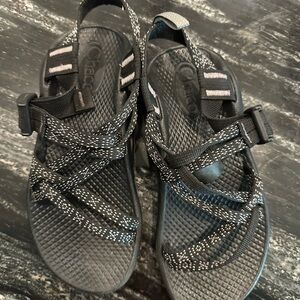 Chaco Sandals Black with patterned straps and gray tabs. Kids size 2